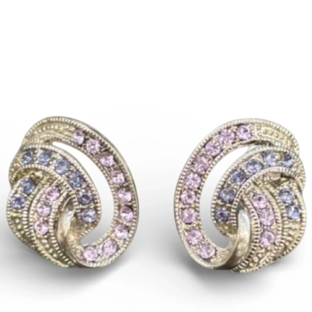 Vintage Earrings Sparkling Pink Purple Crystal Cubic Zirconia Formal Swirl Knot - Picture 2 of 16